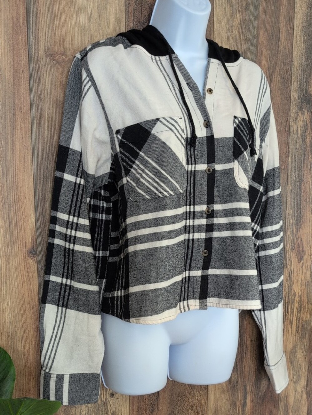 SO Plaid Hooded Button-Down Shirt Jacket Crop Hoodie L          773A